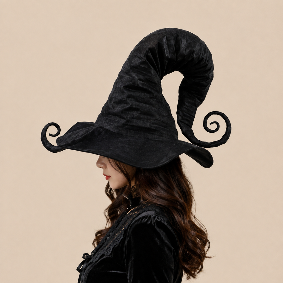 Black witch hat with a curled point, close-up view