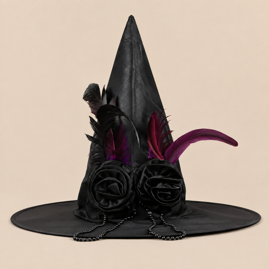 Black gothic witch hat with roses and purple feathers, product view