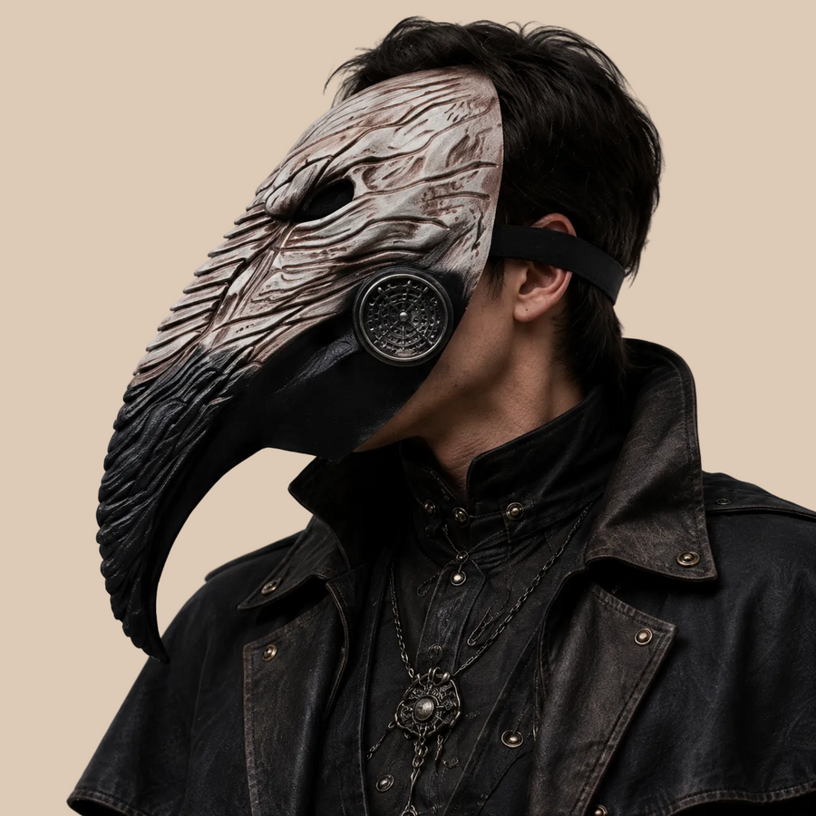Plague doctor mask with a long sculpted beak and round vents, side view
