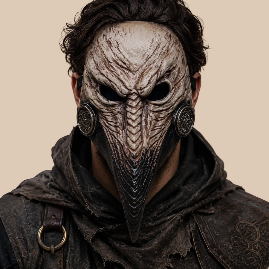 Plague doctor mask with a long sculpted beak and round vents, front view