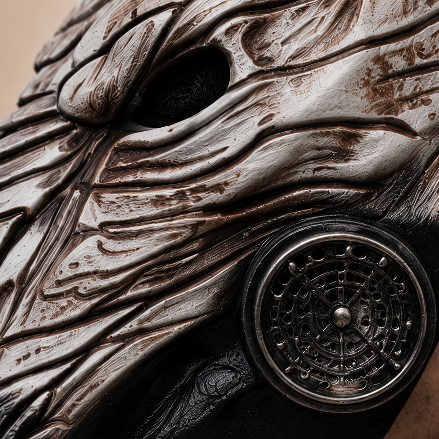 Plague doctor mask with a long sculpted beak and round vents, sculpted detail close-up