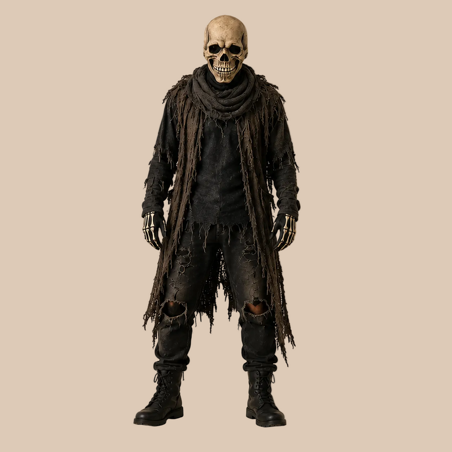 Skull horror mask with a weathered bone texture, shown on a model in full-body view