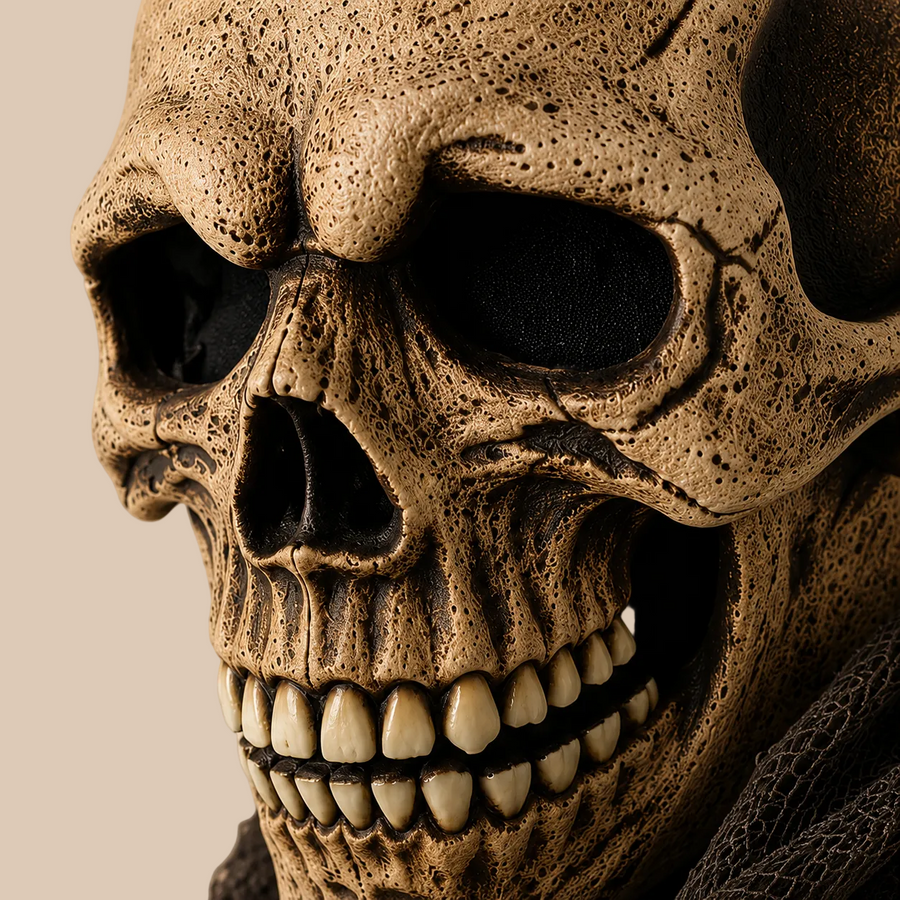 Skull horror mask with a weathered bone texture, sculpted detail close-up