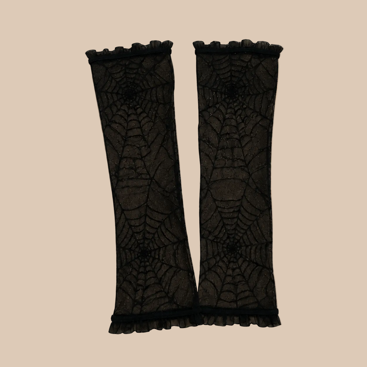Black fingerless lace gloves with a spiderweb pattern, product view