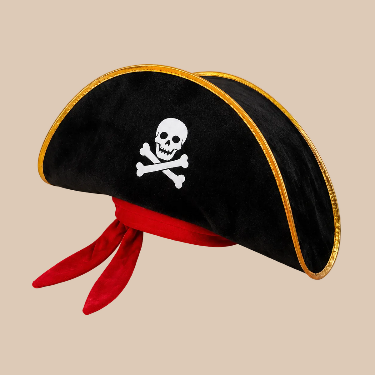 Black pirate captain hat with skull emblem and gold-tone trim, product view