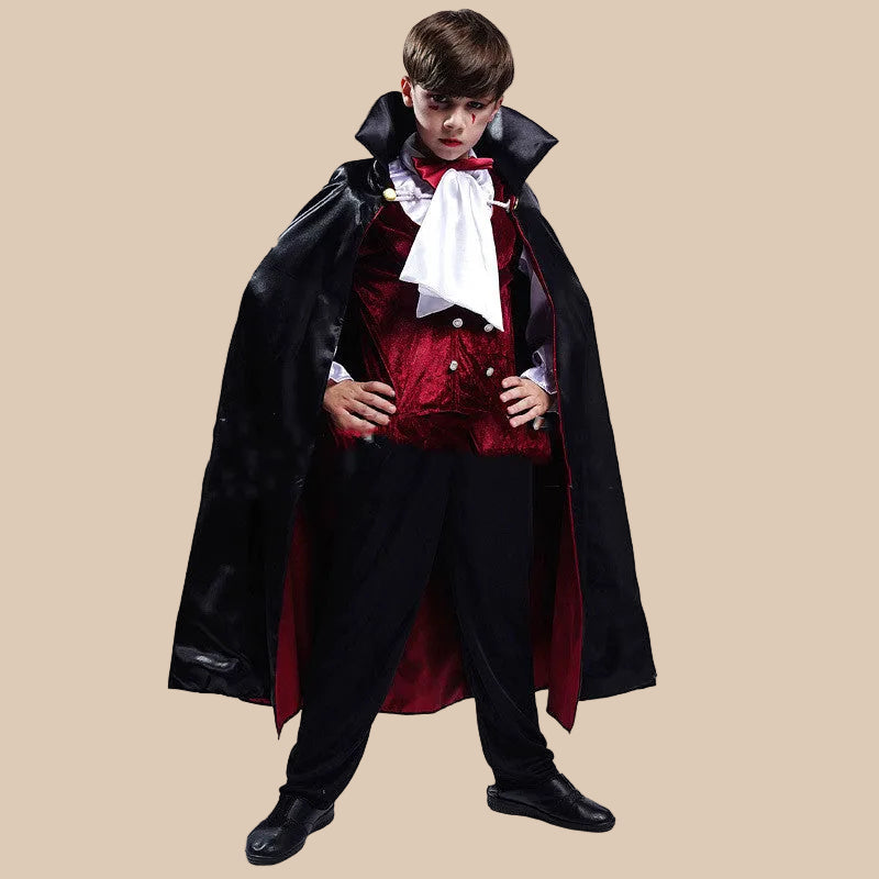 Child’s black and red vampire costume, front view
