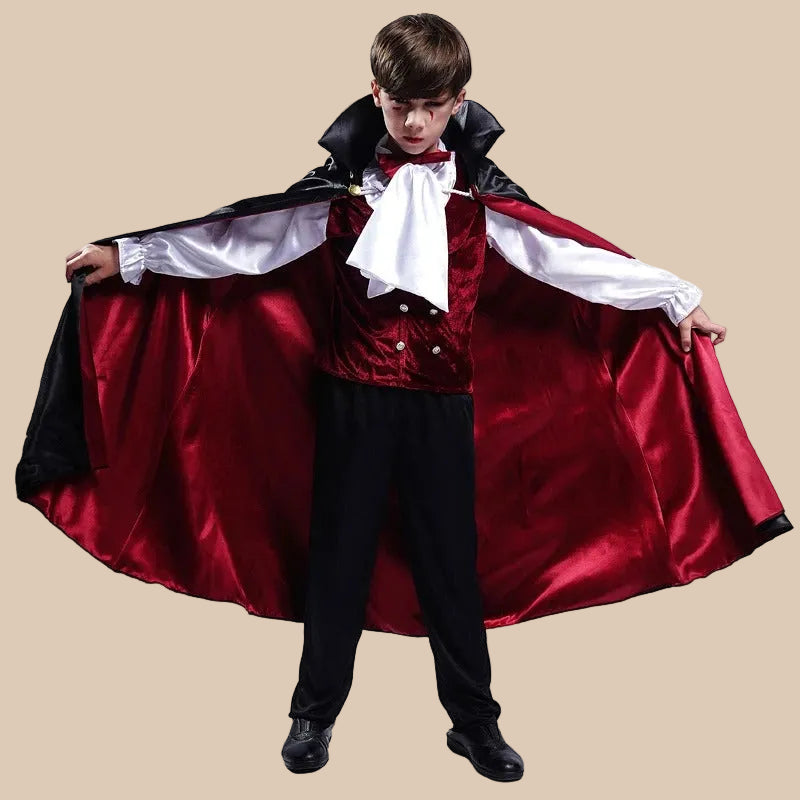 Child’s black and red vampire costume, shown with the cape spread out