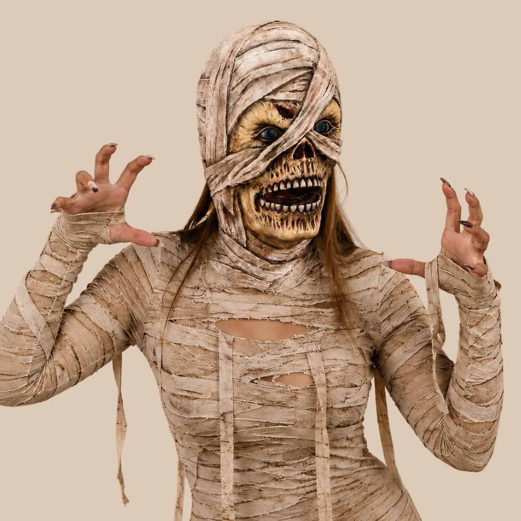 Mummy mask with wrapped bandage details and exposed teeth, worn on a model