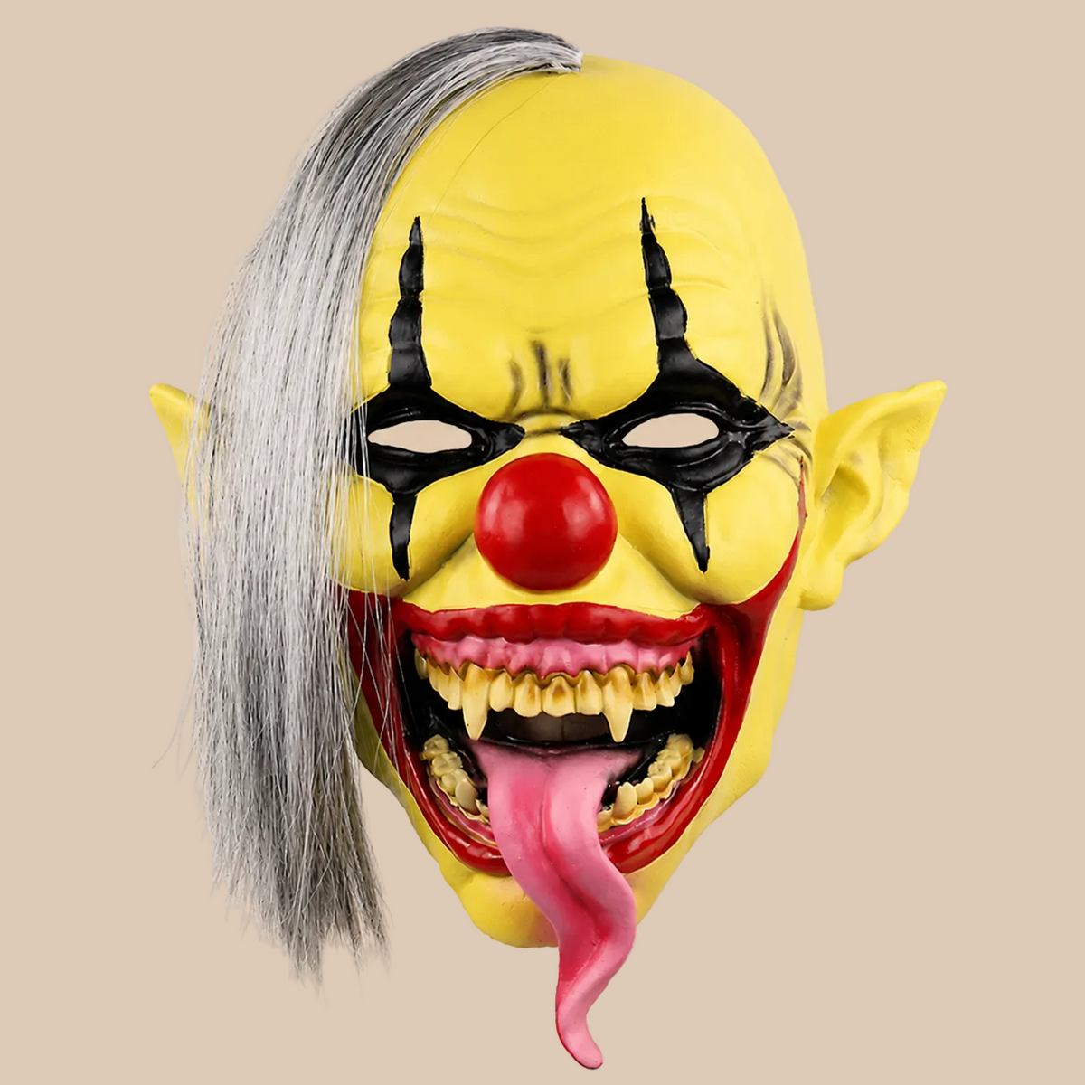 Sinister clown mask with red nose, long tongue and side hair, product view