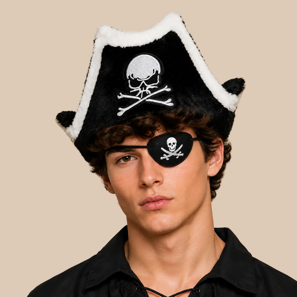 Black pirate hat with skull emblem and white trim, worn on a model