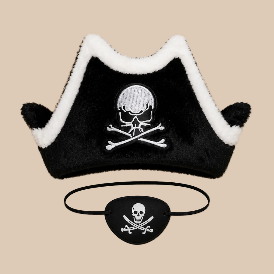 Black pirate hat and skull eyepatch shown together, product view