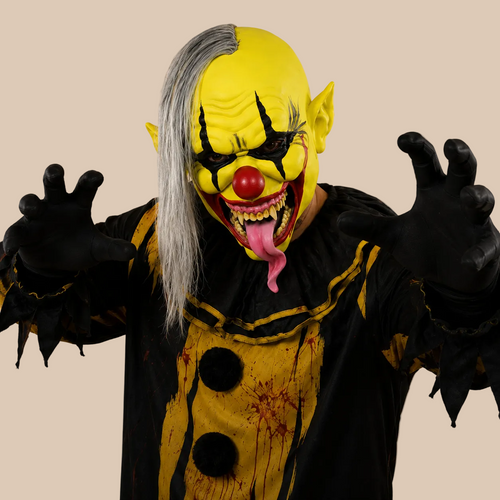 Sinister clown mask with red nose, long tongue and side hair, alternate styling view on a model