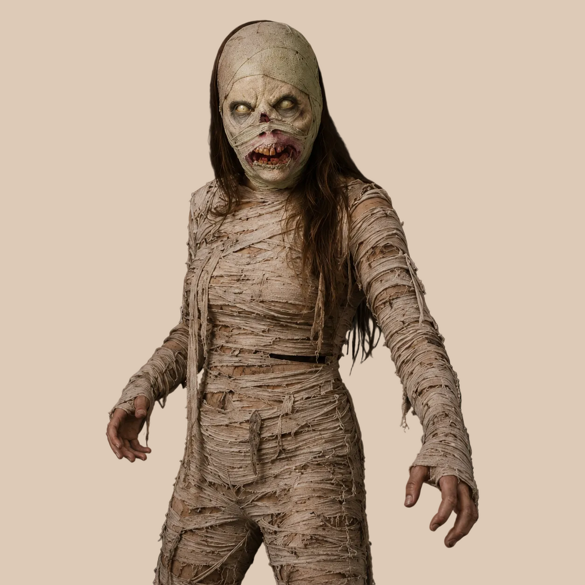 Mummy mask with bandaged face and long dark hair, shown on a model in full-body view
