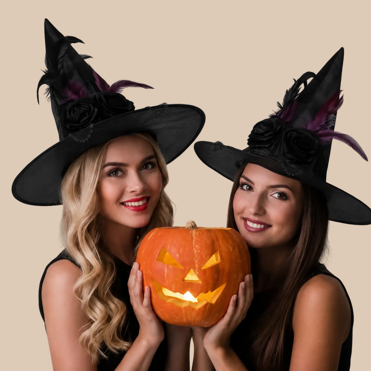 Black gothic witch hats worn by two women, Halloween styling view