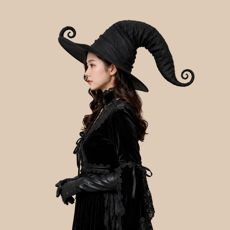 Black witch hat with a curled point, side view