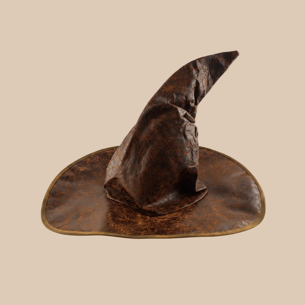 Brown witch hat with a curved point and broad brim, product view