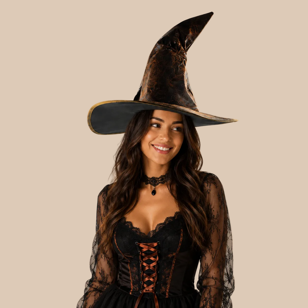 Brown witch hat with a curved point, worn by a woman