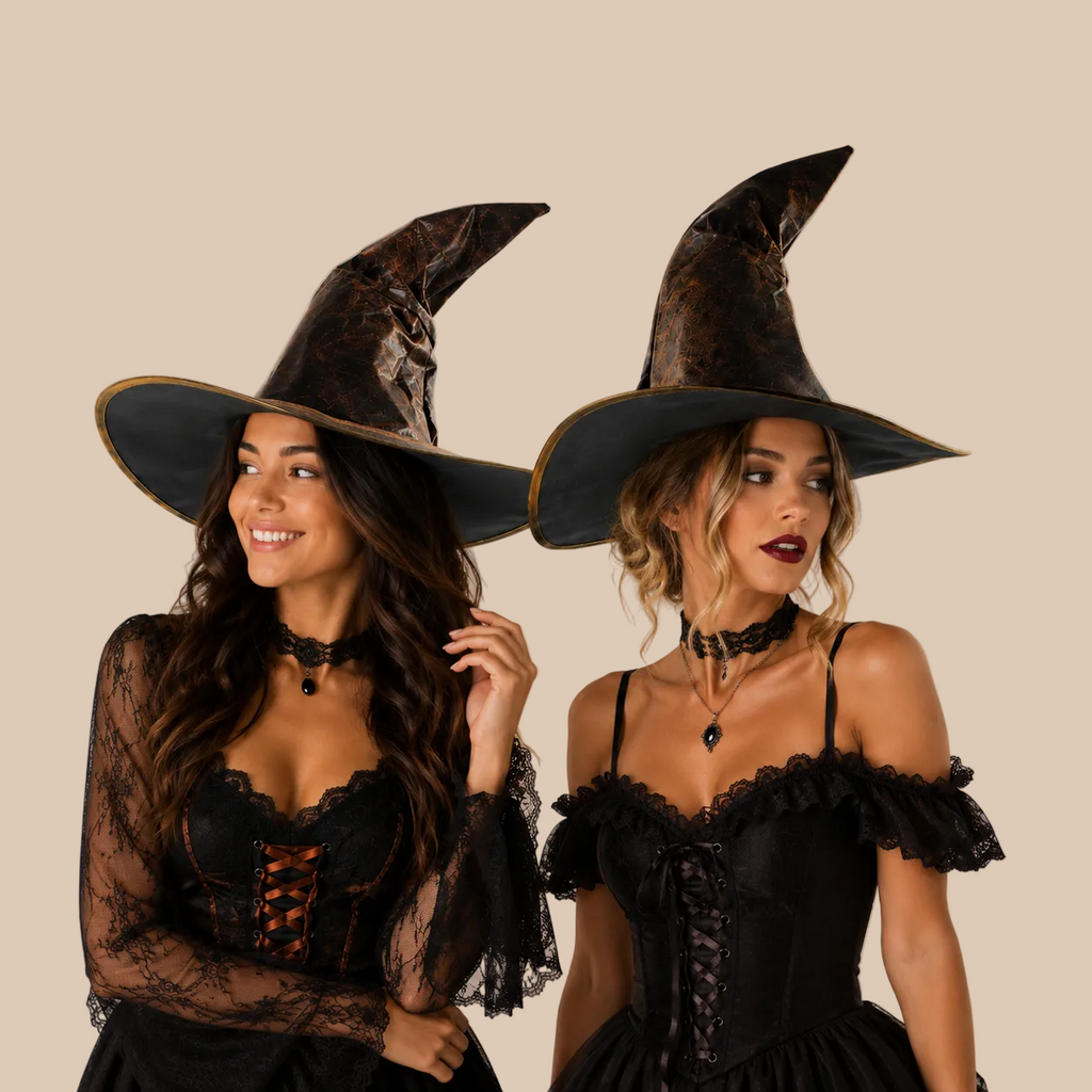 Brown curved witch hat shown on two women in different poses