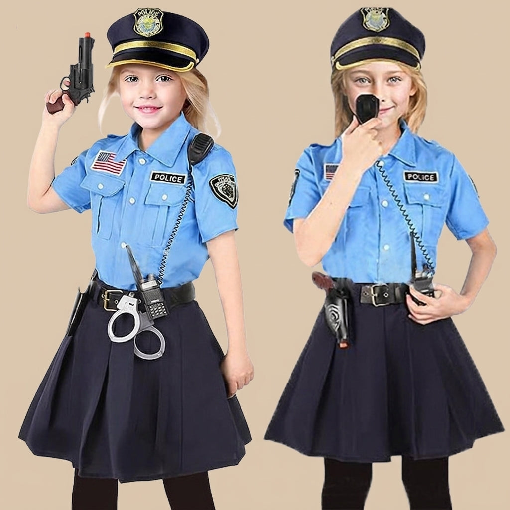 Girl’s police costume with a blue shirt and dark skirt, shown in two poses
