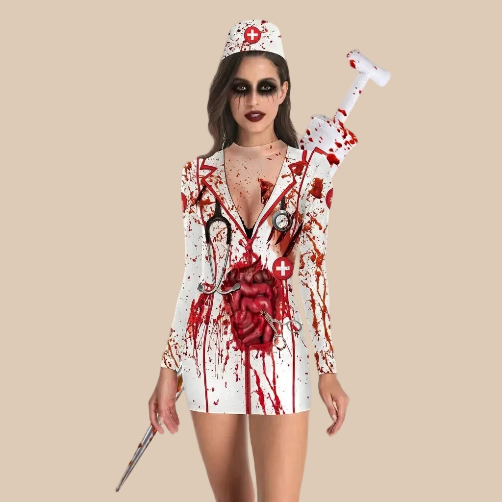 White zombie nurse dress with blood-splatter print, front view