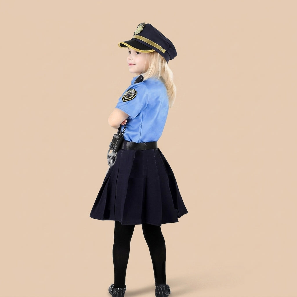 Girl’s police costume with a blue shirt and dark skirt, side view