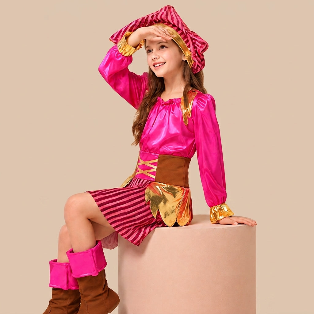 Girl’s pink pirate costume with gold-tone details, shown in a seated pose