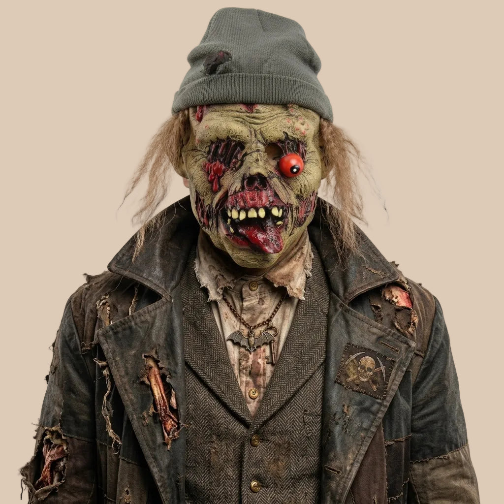 Zombie mask with ragged facial details and a knitted hat, worn on a model