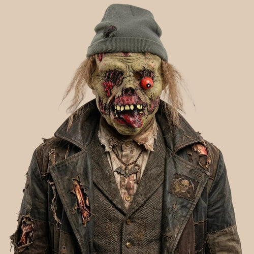 Zombie mask with ragged facial details and a knitted hat, worn on a model