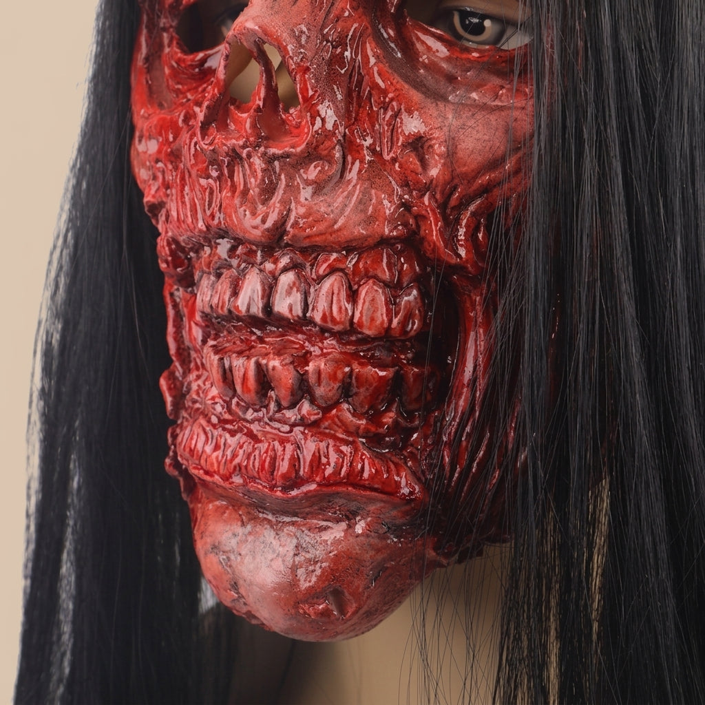 Red skull horror mask with long dark hair, sculpted detail close-up