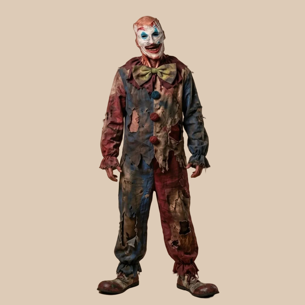 Horror clown mask with a wide grin and painted facial details, shown on a model in full-body view