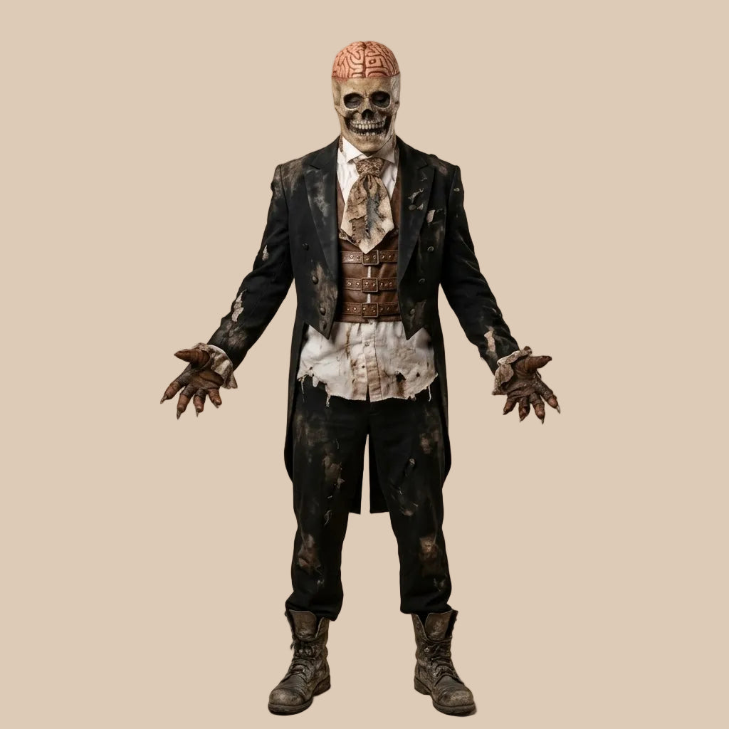 Skull mask with an exposed-brain design, shown on a model in full-body view