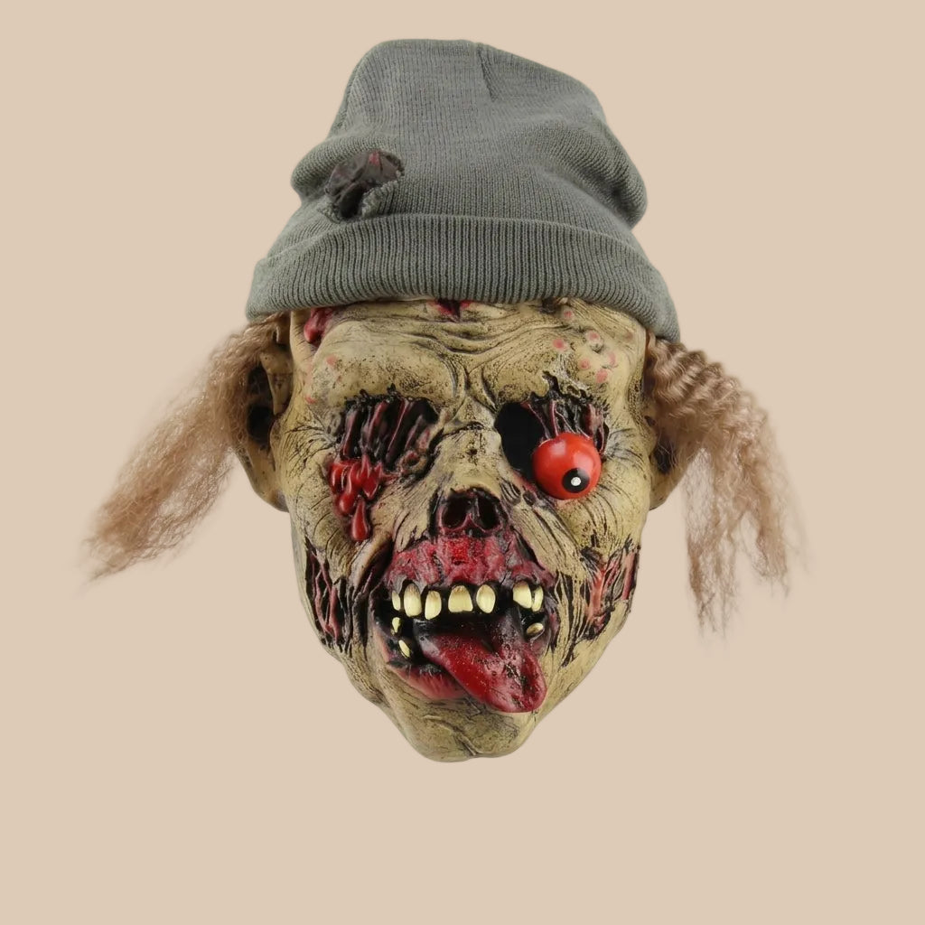 Zombie mask with ragged facial details and a knitted hat, product view