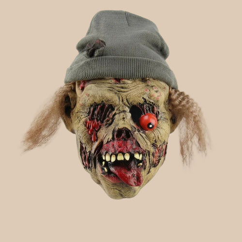 Zombie mask with ragged facial details and a knitted hat, product view