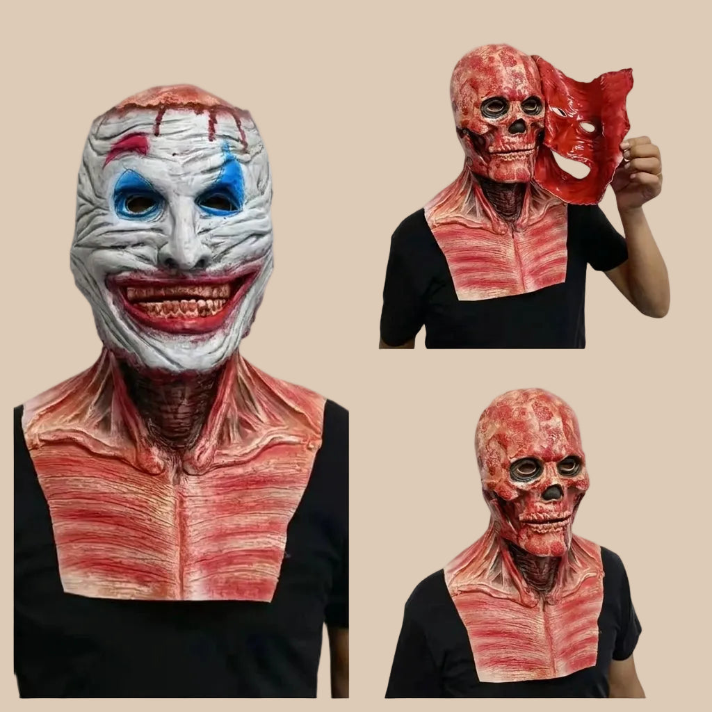 Horror clown mask with a wide grin and painted facial details, comparison of the two faces shown