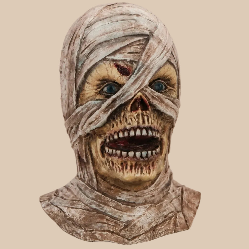 Mummy mask with wrapped bandage details and exposed teeth, close-up view