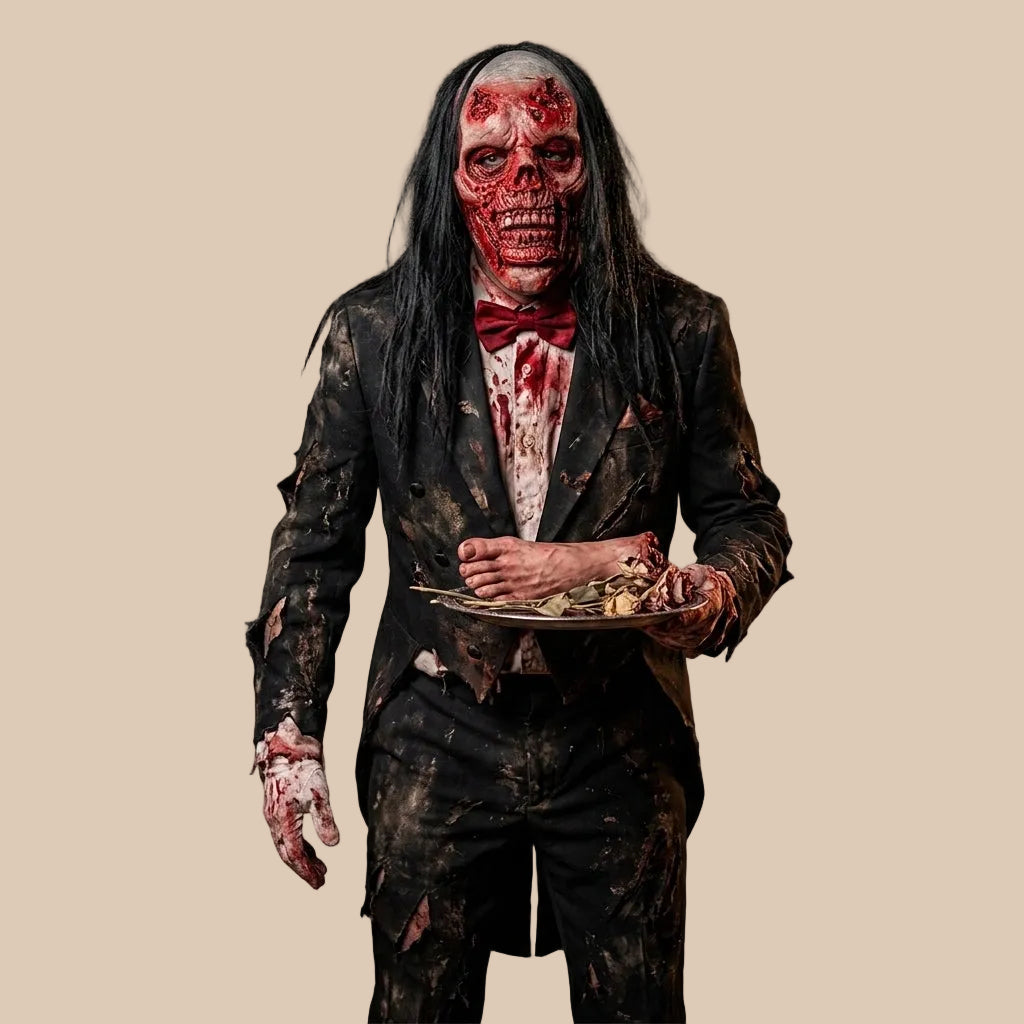 Red skull horror mask with long dark hair, shown on a model in full-body view
