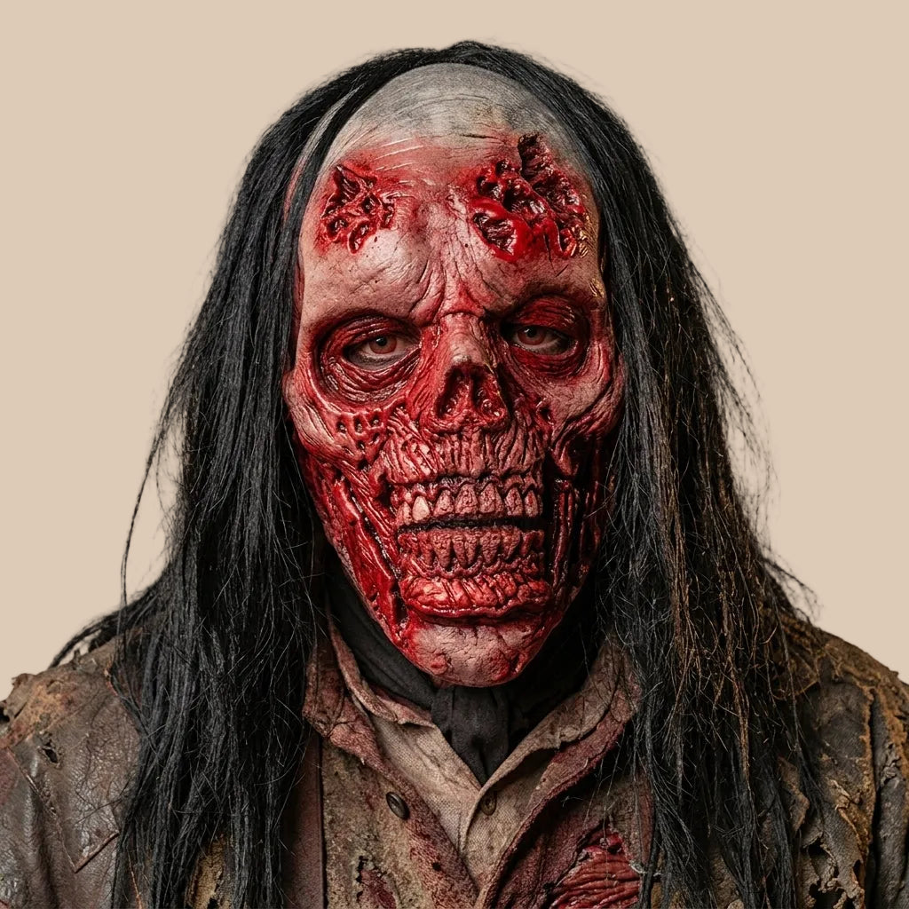 Red skull horror mask with long dark hair, close-up view