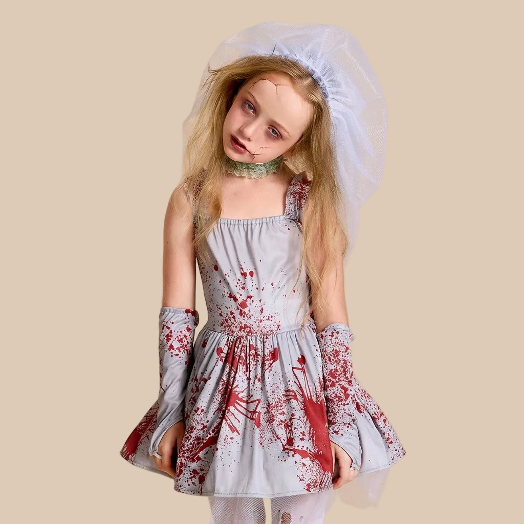 Girl’s grey ghost dress with blood-splatter motifs, front view