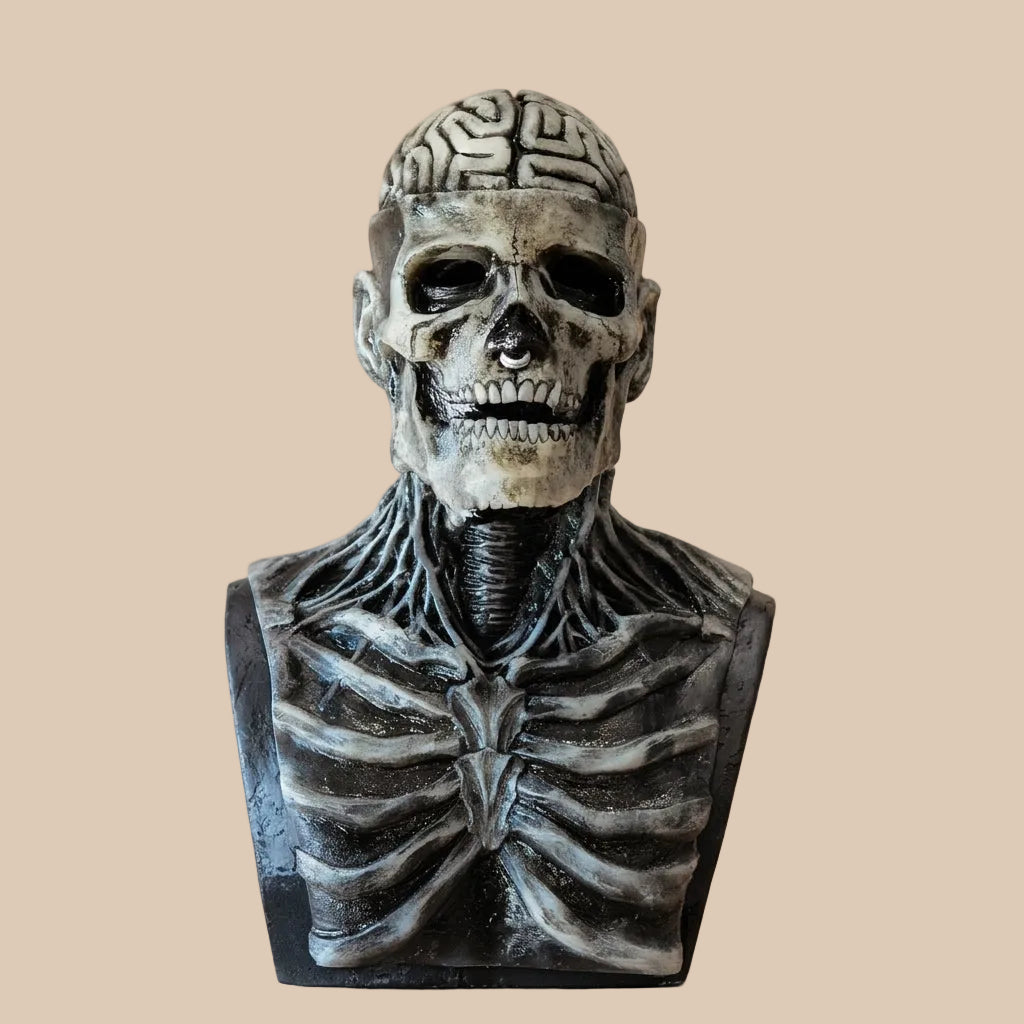 Grey skull mask with sculpted brain and neck details, product view