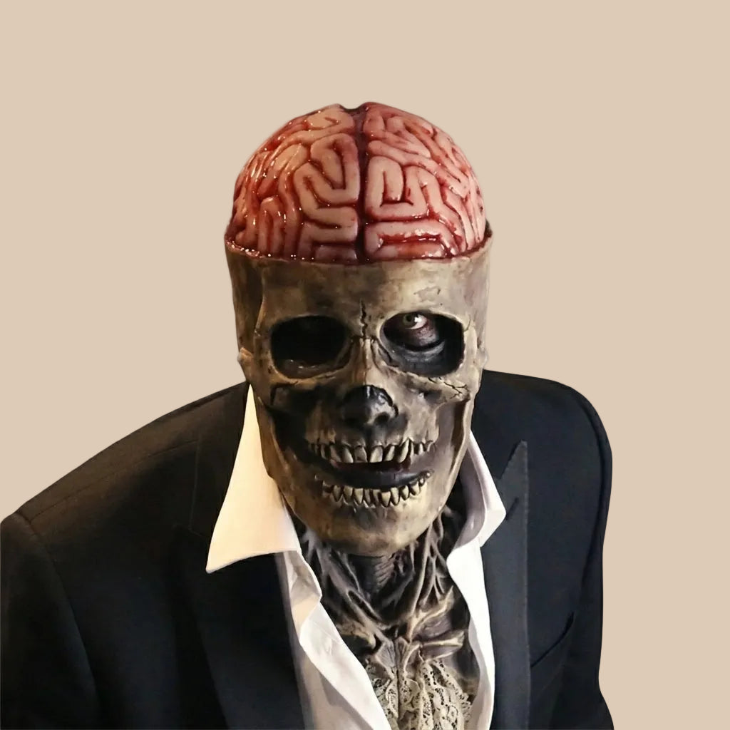 Skull mask with an exposed-brain design, worn on a model