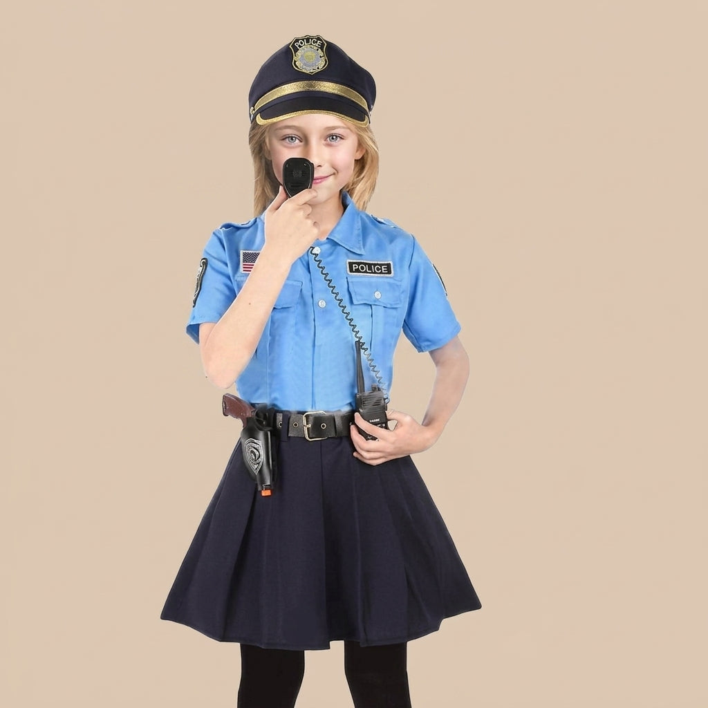 Girl’s police costume with a blue shirt and dark skirt, front view