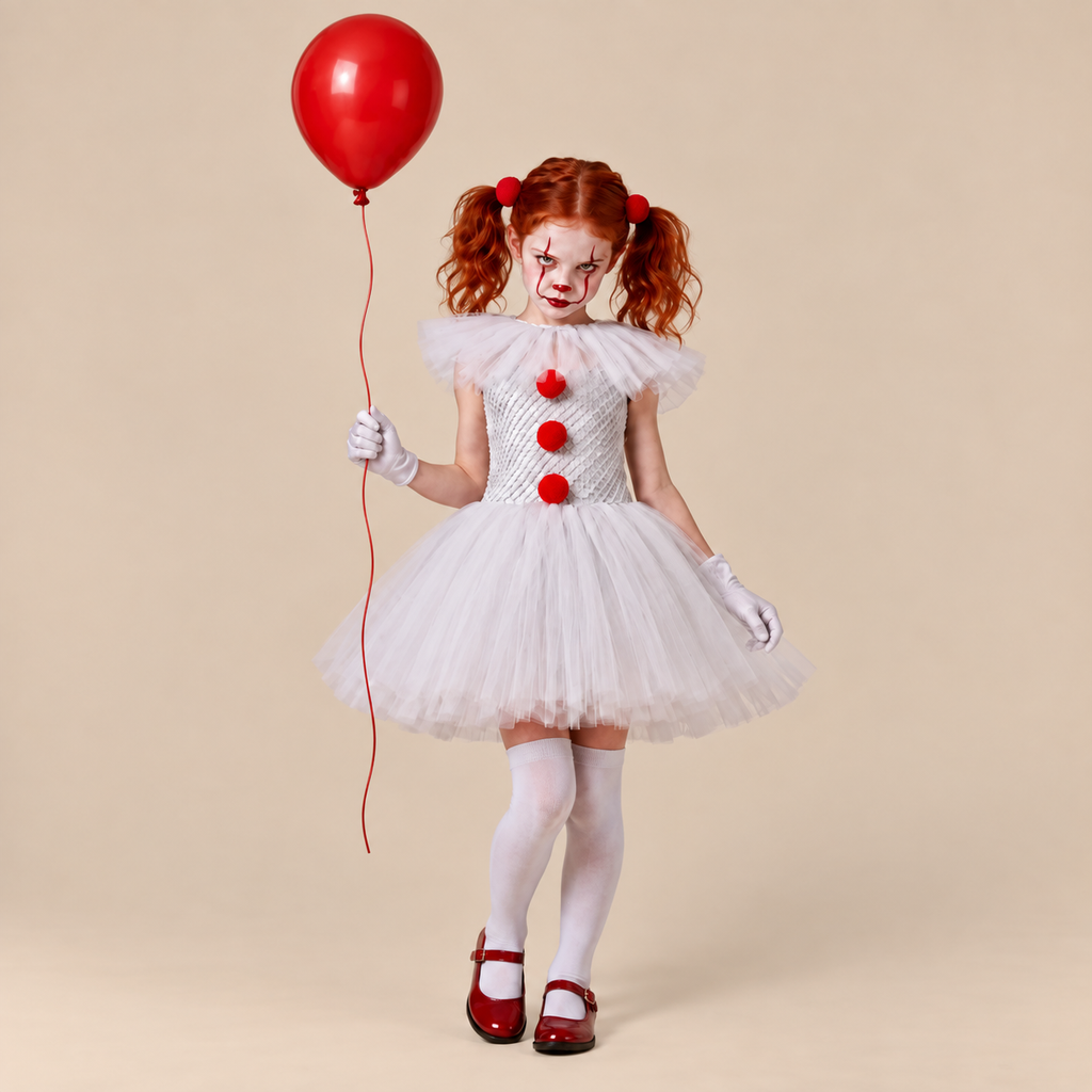 Girl’s white clown dress with ruffled collar and red pom-poms, front view