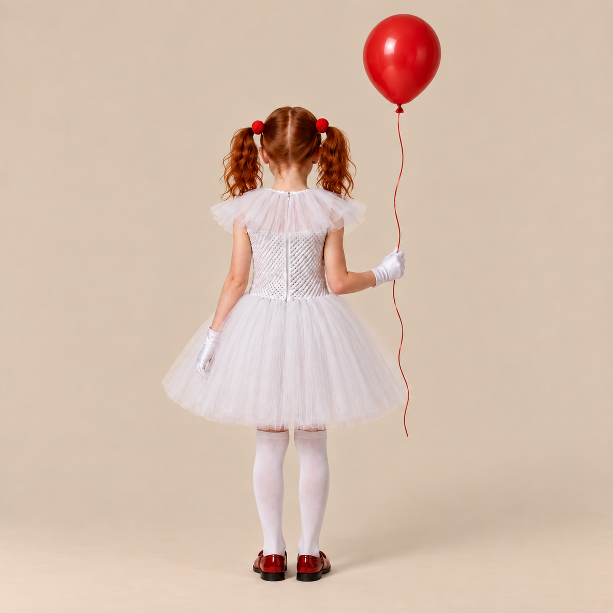 Girl’s white clown dress with ruffled collar and red pom-poms, back view