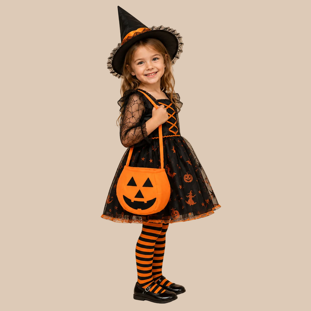 Orange pumpkin candy bucket with a handle, carried by a girl
