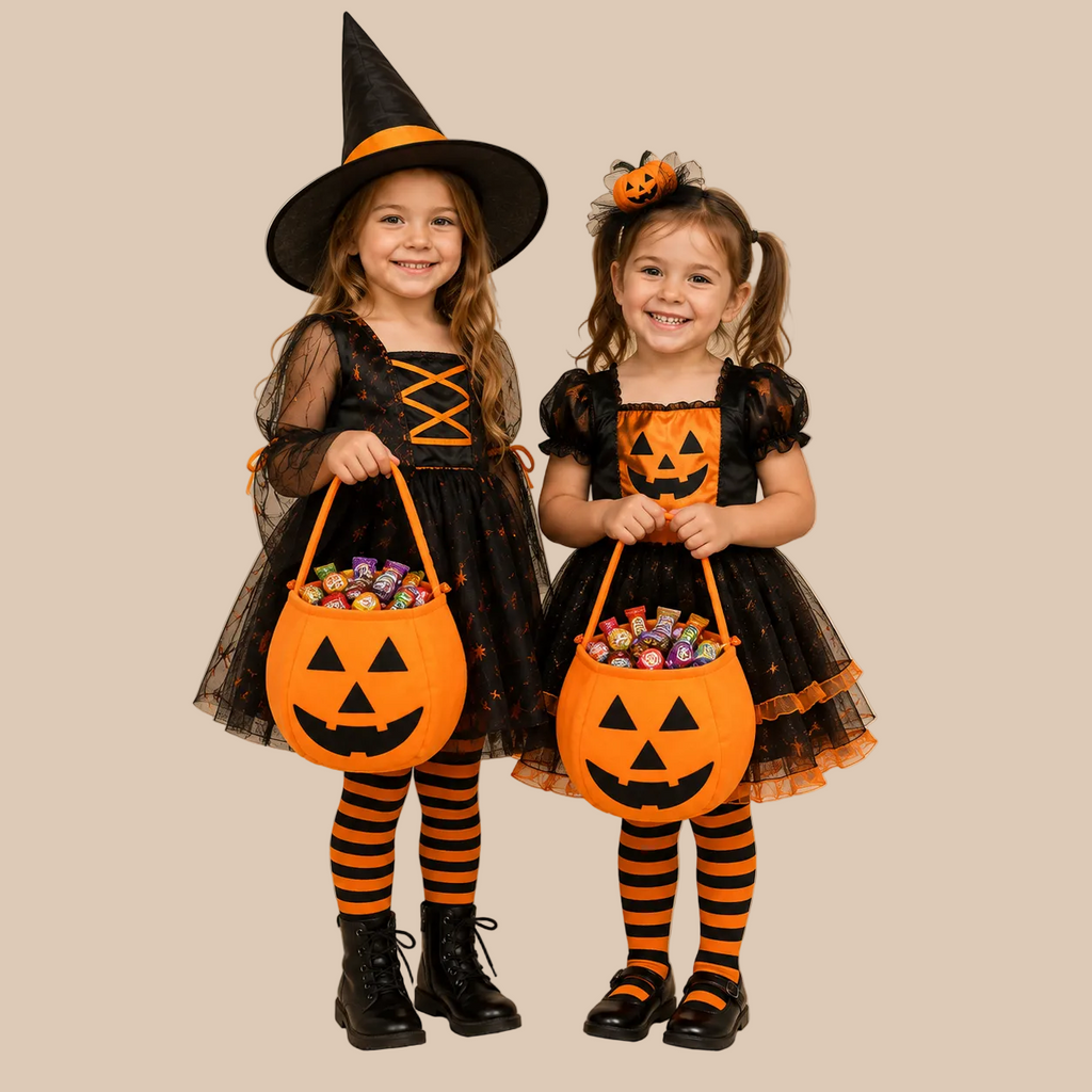 Orange pumpkin candy bucket with a handle, carried by two girls