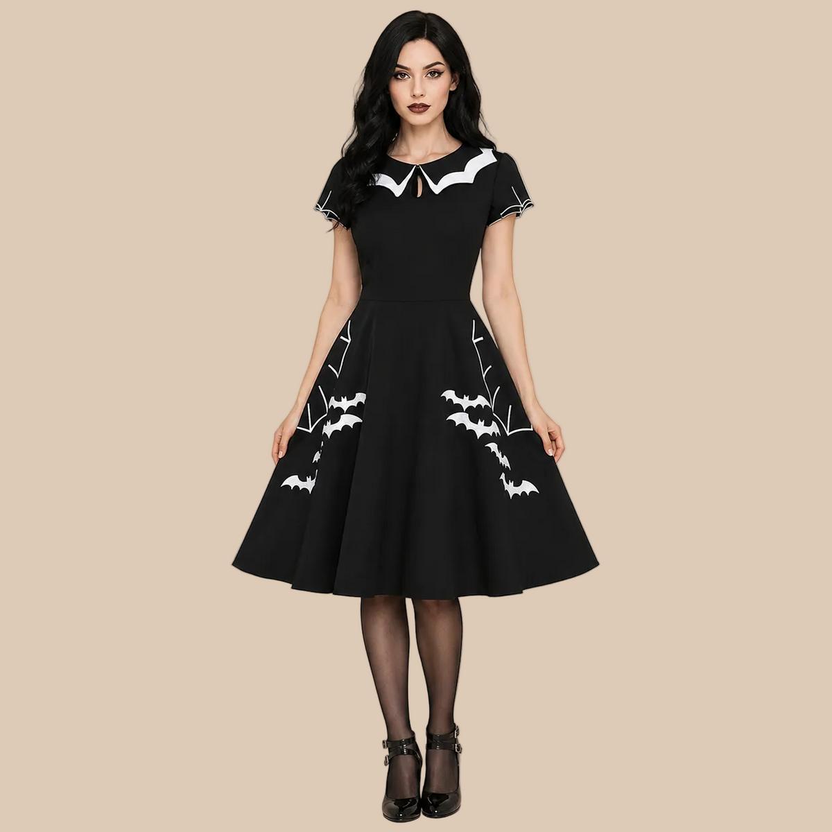 Black bat-pattern dress with a white collar, front view