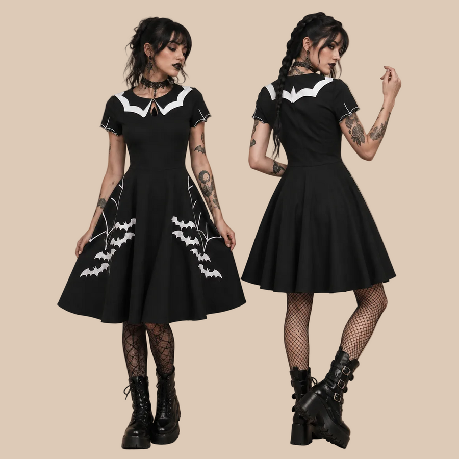 Black bat-pattern dress with a white collar, front and back views