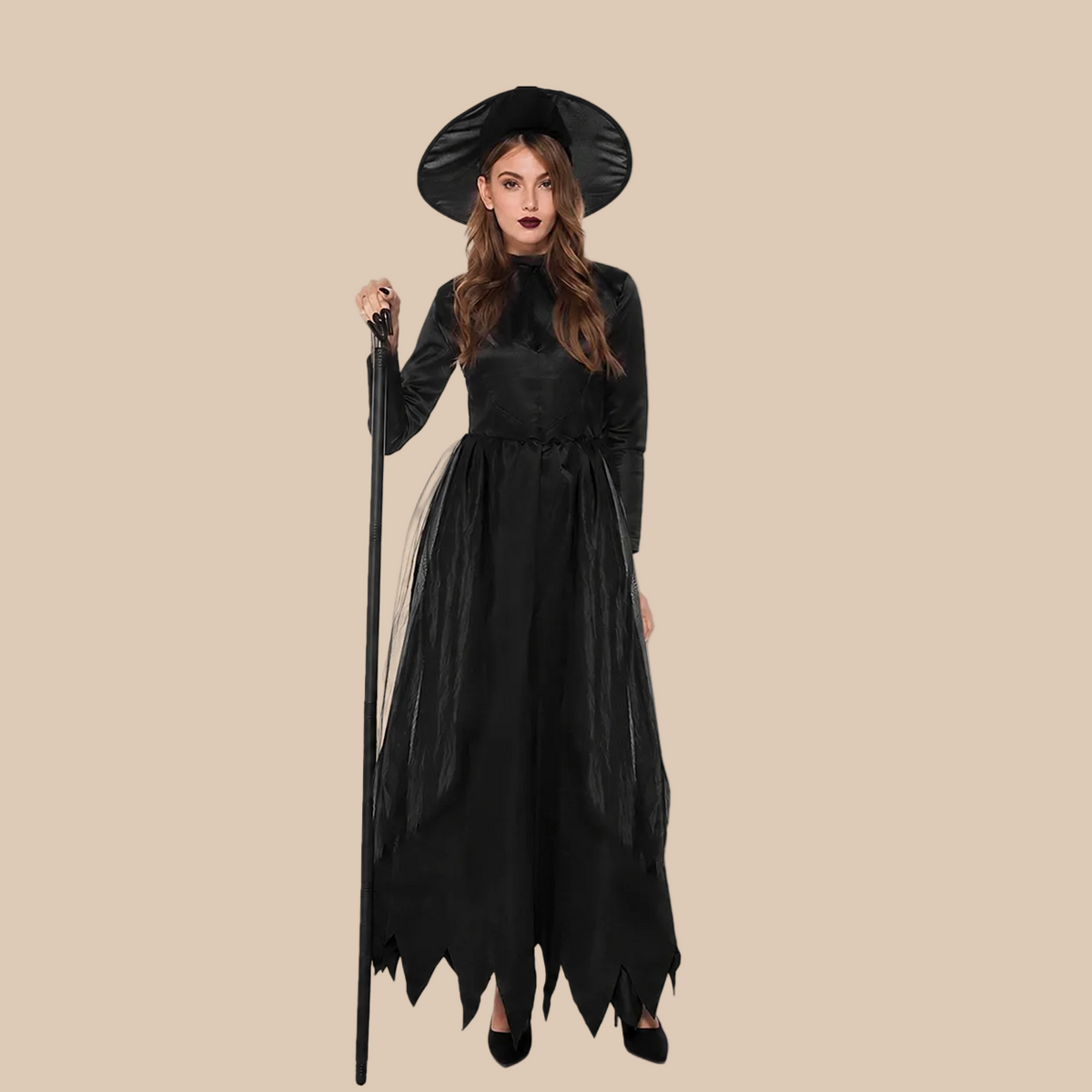 Women’s long black witch dress, front view