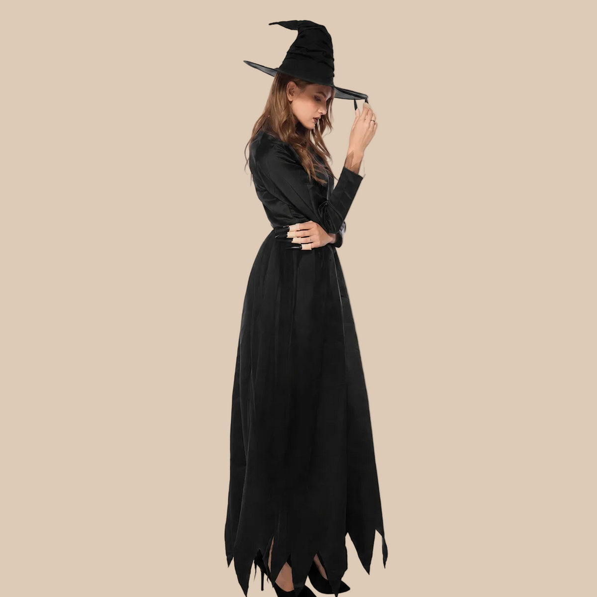 Women’s long black witch dress, side view