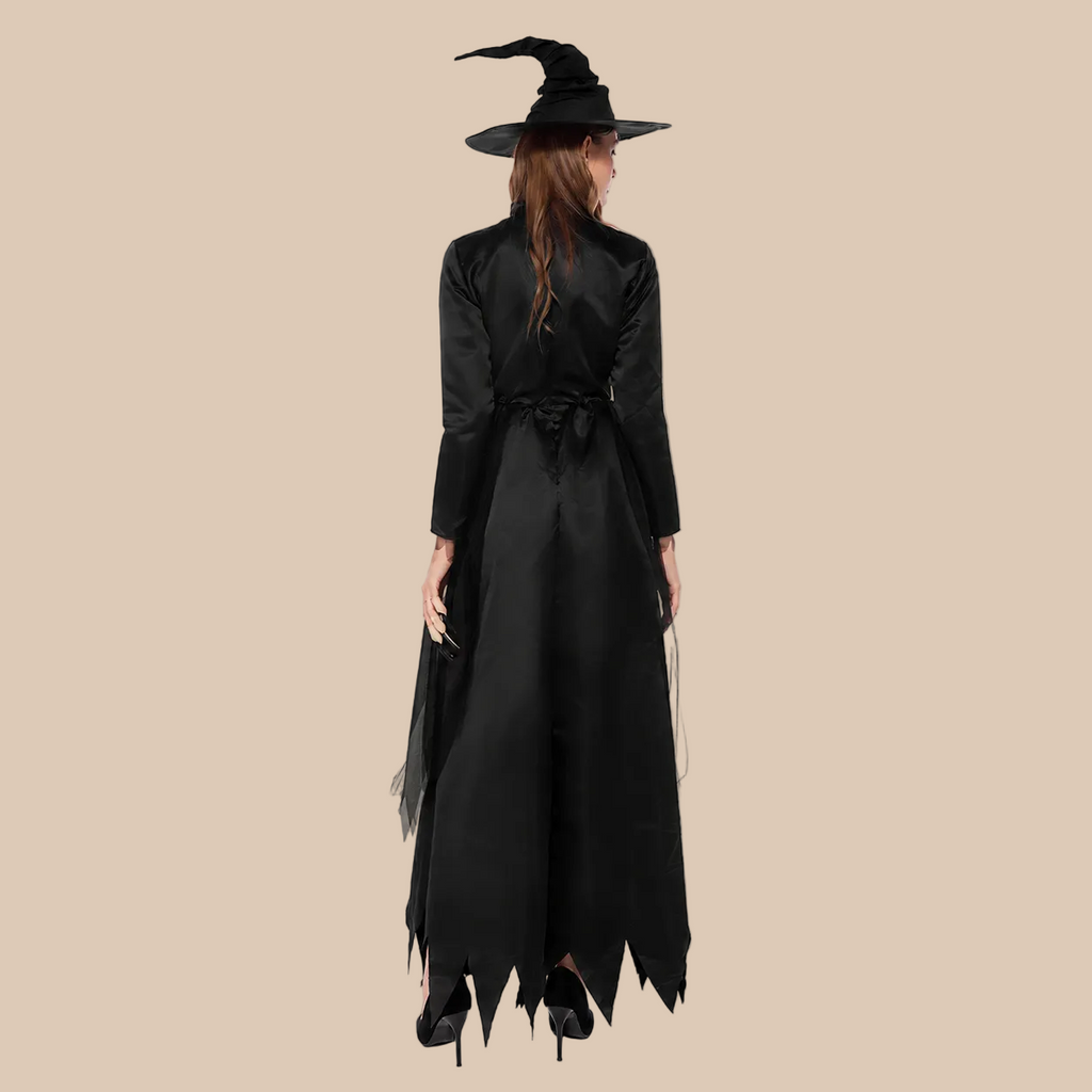 Women’s long black witch dress, back view